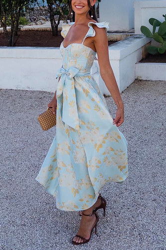 W&W Mode | Rosiedress Rüschenschulter Schleife Knoten Taille Schlitz Bedrucktes Vintage Party Kleid