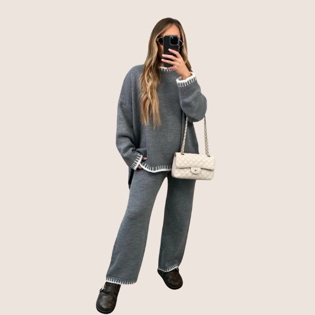 WW | Schickes Strick-Loungewear-Set mit Kontrastbesatz