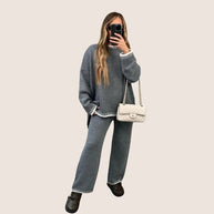 WW | Schickes Strick-Loungewear-Set mit Kontrastbesatz