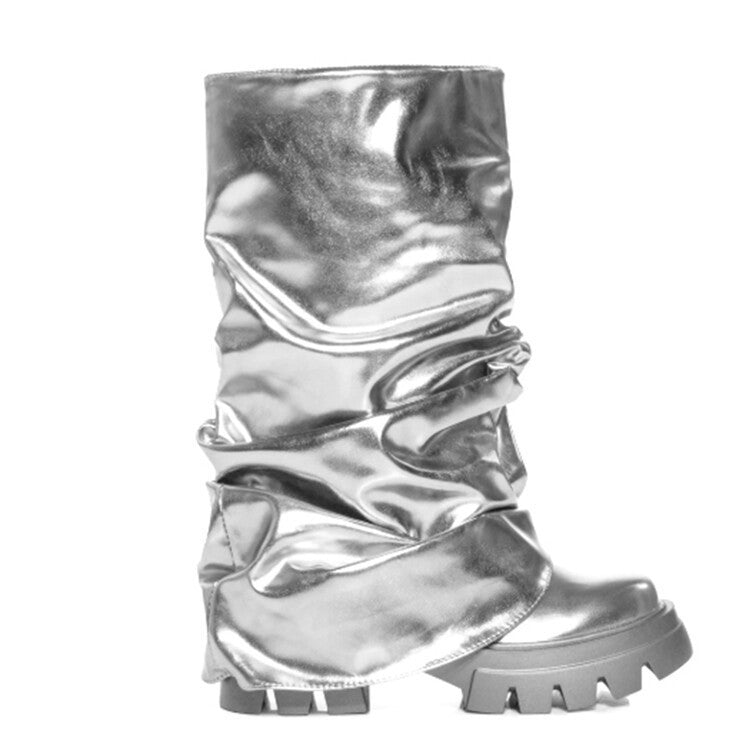 WW | Rundkopf Dick Gebunden Gestaltete Sohle Gefaltete Damenstiefel