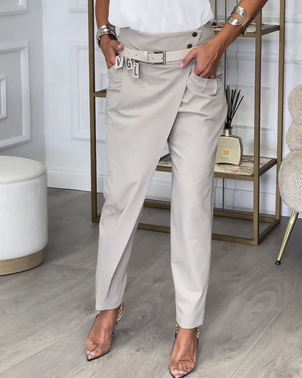 WW | Stilvolle Einfarbige Hosen mit Taschen und Quer Verlaufendem Design