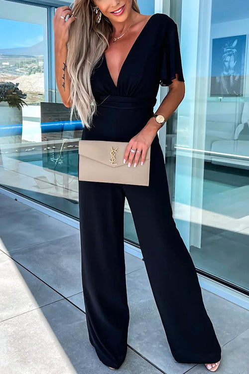 WW | Rosiedress Tiefer V-Ausschnitt Rüschensleeve Hoch Taille Weite Bein Jumpsuit
