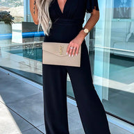 WW | Rosiedress Tiefer V-Ausschnitt Rüschensleeve Hoch Taille Weite Bein Jumpsuit