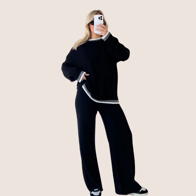 W&W Mode | Schickes Strick-Loungewear-Set mit Kontrastbesatz