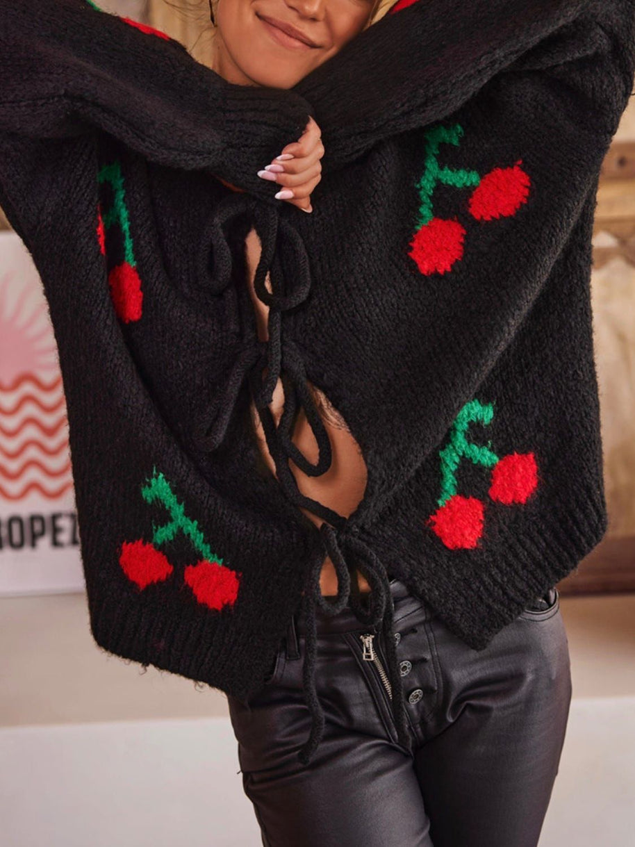 WW | Gebundene Kirsche Rundhalsausschnitt Langarm Cardigan