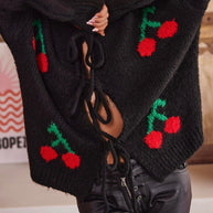 WW | Gebundene Kirsche Rundhalsausschnitt Langarm Cardigan