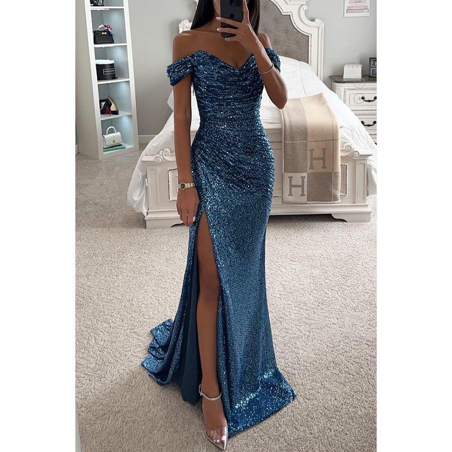 W&W Mode | Off Shoulder Abendkleid Mit Pailletten Elegantes Partykleid Mit Schlitz Und Figurbetontem Schnitt Für Festliche Anlässe
