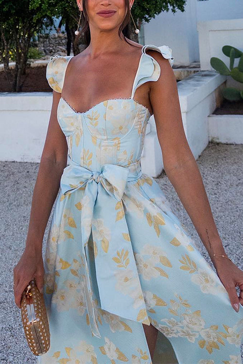 W&W Mode | Rosiedress Rüschenschulter Schleife Knoten Taille Schlitz Bedrucktes Vintage Party Kleid