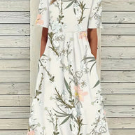 WW | Midi Kleid Blumendes Muster Rundhals Kurze Ärmel Luftig und Bequem
