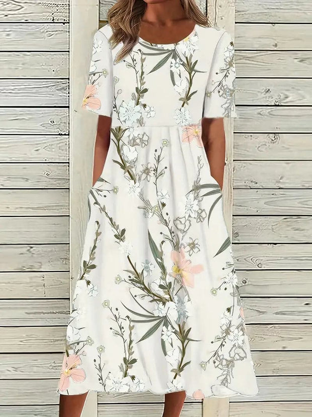 WW | Midi Kleid Blumendes Muster Rundhals Kurze Ärmel Luftig und Bequem
