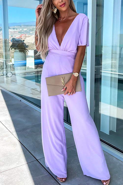 WW | Rosiedress Tiefer V-Ausschnitt Rüschensleeve Hoch Taille Weite Bein Jumpsuit