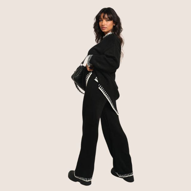 WW | Schickes Strick-Loungewear-Set mit Kontrastbesatz