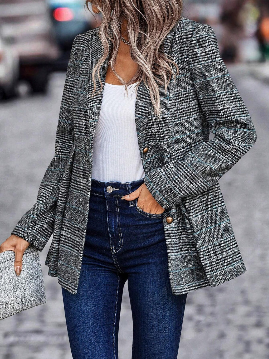 W&W Mode | Stilvolle Herbst Klassische Karierte Knopf-Blazer Für Frauen