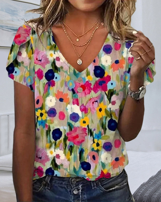 WW | Kurzärmlige Farbenfrohe Blumenbluse mit V-Ausschnitt