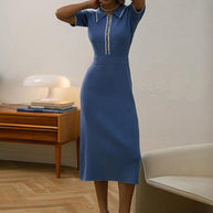 WW | Midi-Kleid mit Polokragen - elegantes Damen Strickkleid
