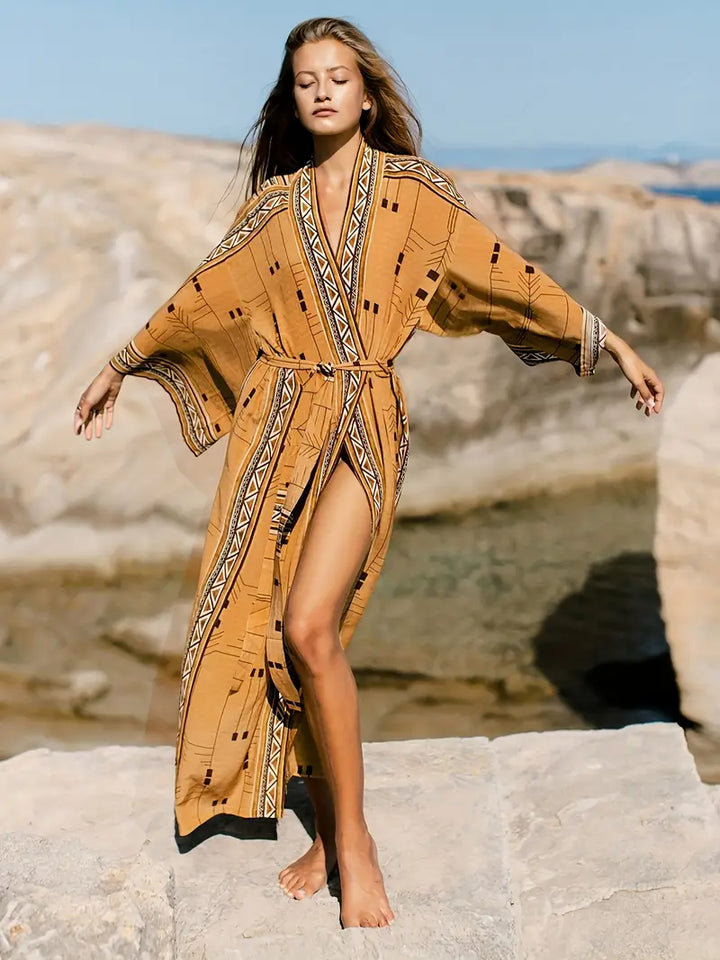 W&W Mode | Boho Plus Size Kimono mit Bindegürtel Maxi Tunika