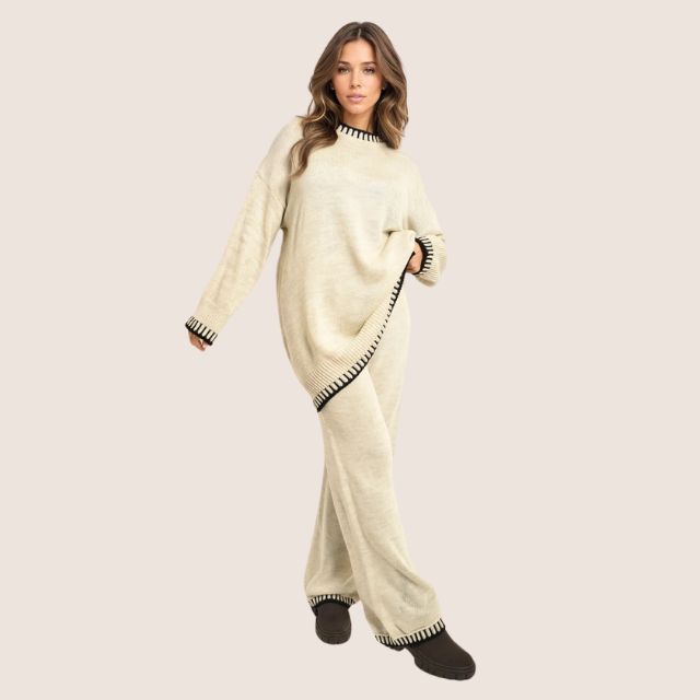 W&W Mode | Schickes Strick-Loungewear-Set mit Kontrastbesatz