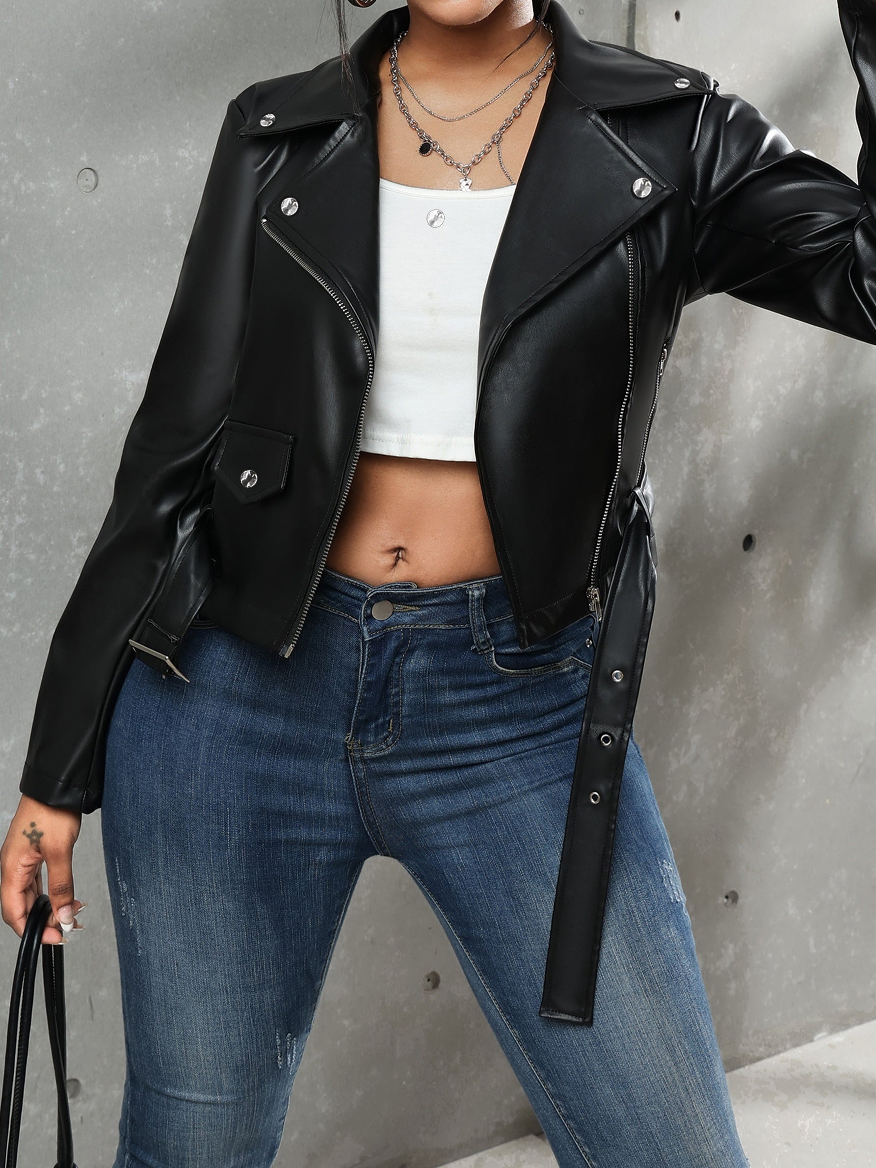 WW | Schwarze Lederjacke mit Gürtel für Damen