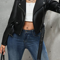 WW | Schwarze Lederjacke mit Gürtel für Damen