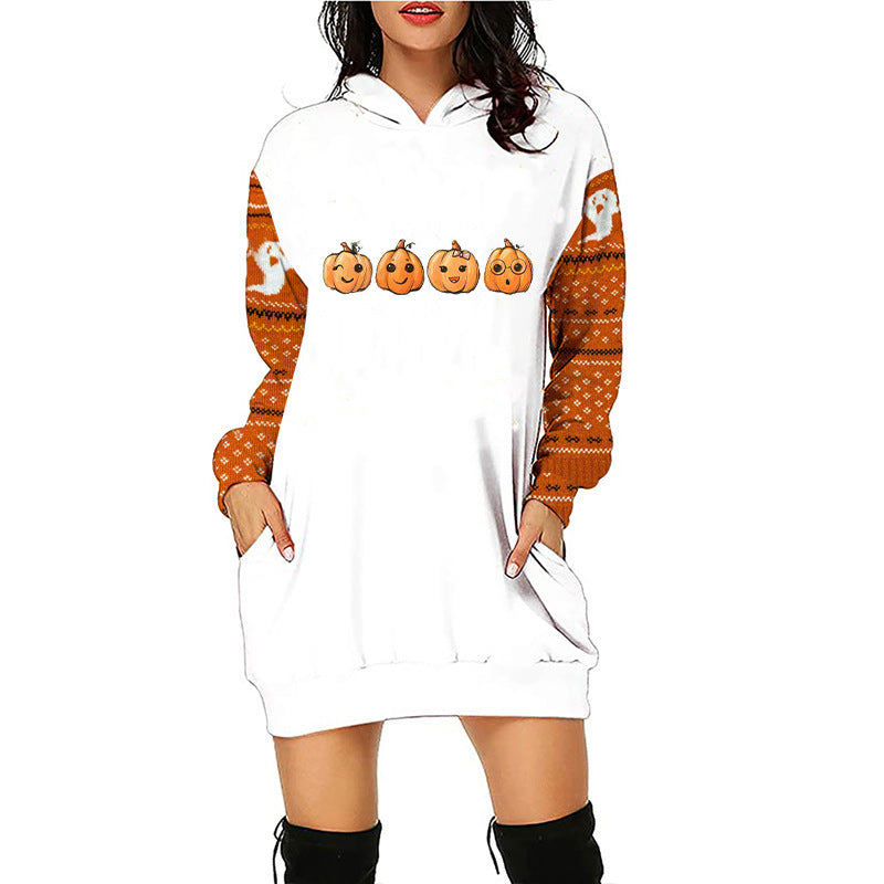 WW | Halloween-Druck midilange Taschen Kapuzen langärmliger Pullover