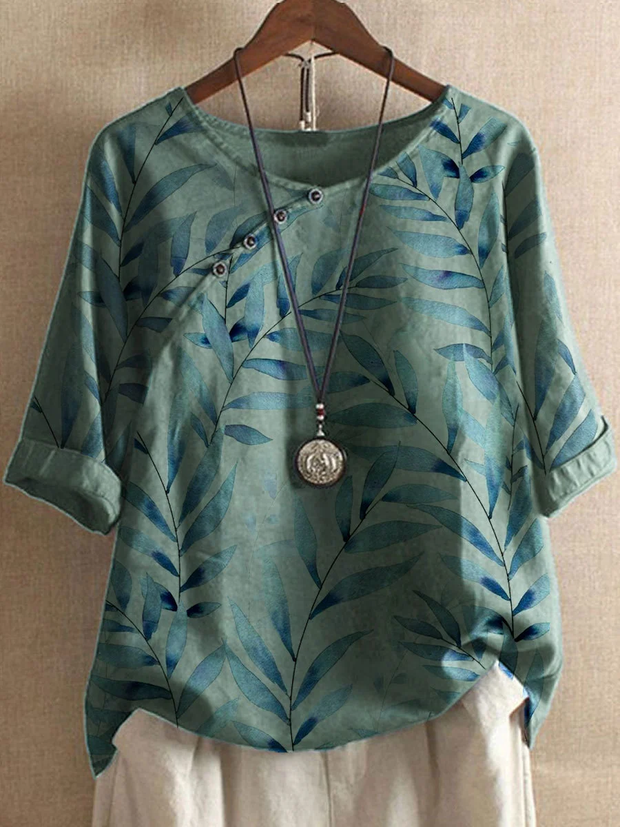 WW | Freizeit-T-Shirts aus Baumwolle und Leinen, mit Sommerblumenmotiven und Knöpfen