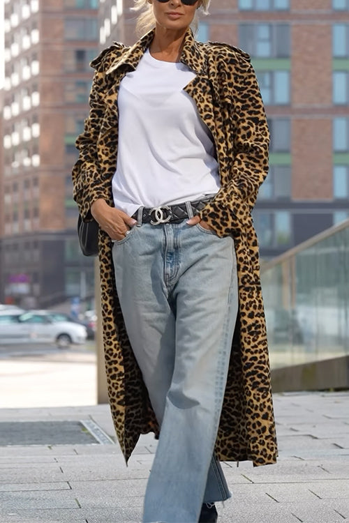 WW | Rosiedress Revers Offene Vorderseite Leopard Midi Trendy Mantel