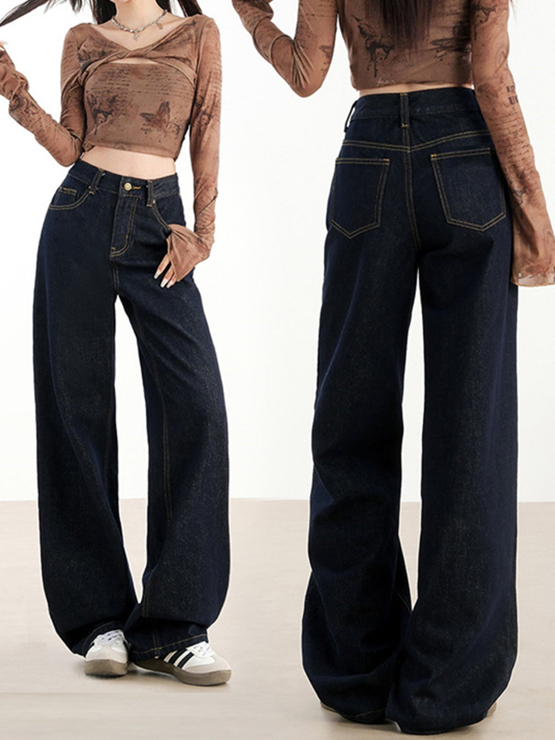 W&W Mode | Lockere Dunkle Hohe Taillen Bodenlange Denim Hose