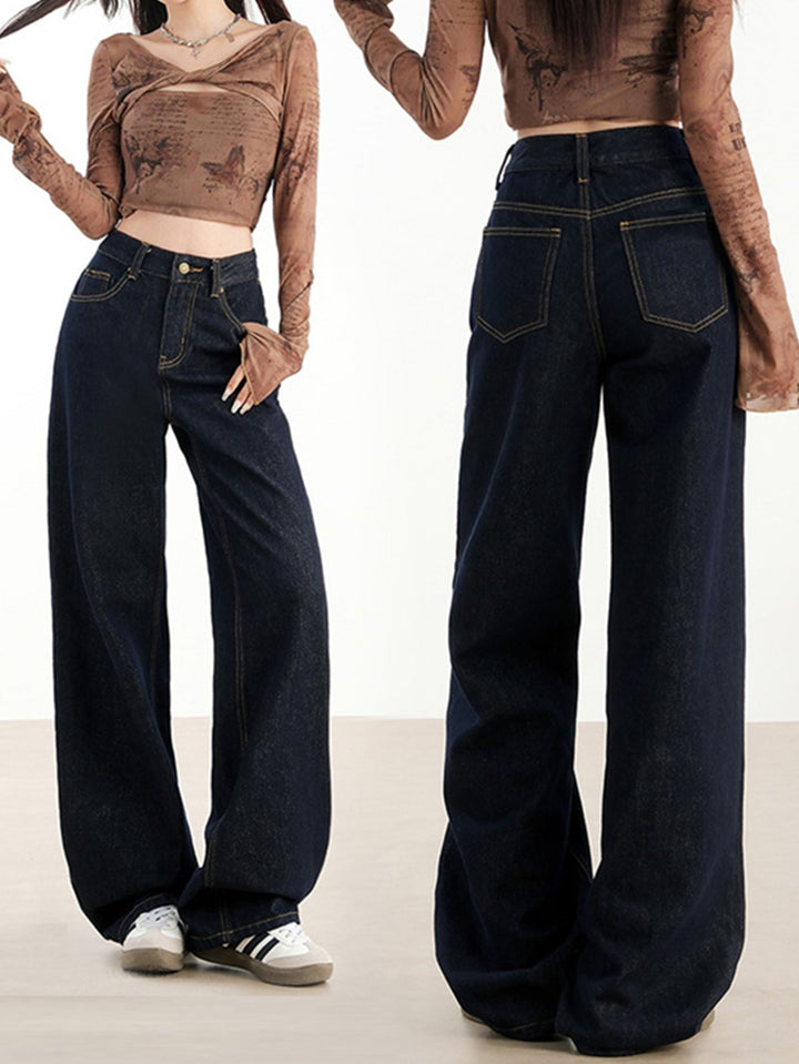 W&W Mode | Lockere Dunkle Hohe Taillen Bodenlange Denim Hose