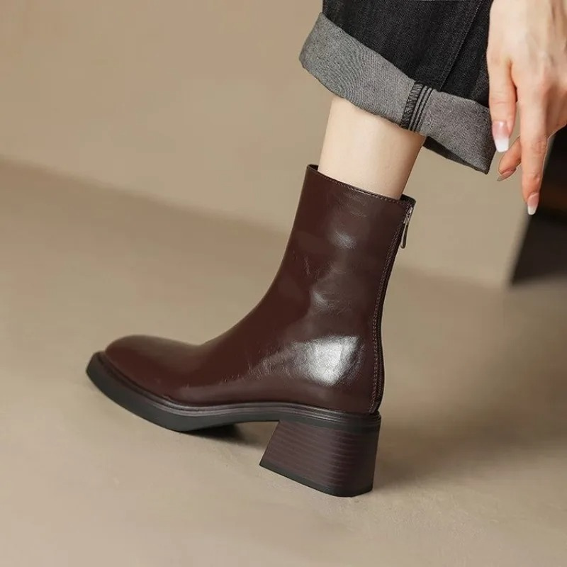 Damen-Leder-Ankle-Boots mit Blockabsatz