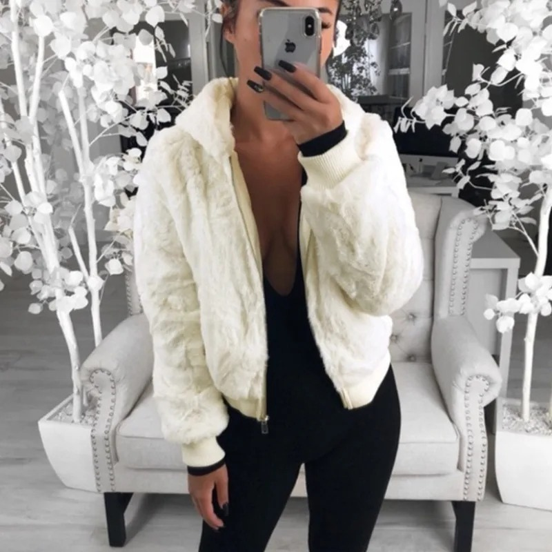 WW | Teddy Jacke Damen Kurzjacke Mit Kapuze Und Reißverschluss