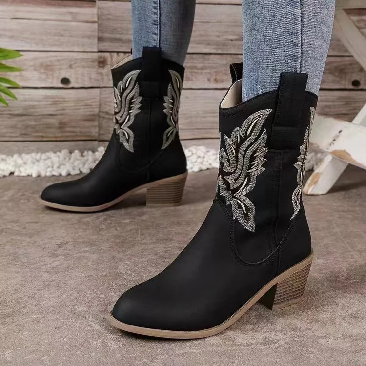 WW | Stilvolle Kurze Western Stiefel mit Blockabsatz Cowboy Stiefel Damen