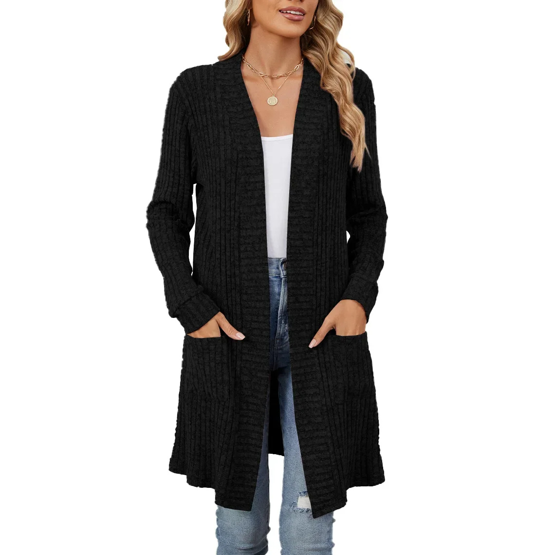 WW | Lange Strickjacken Damen Gerippte Offene Vorderseite Jacke mit Taschen