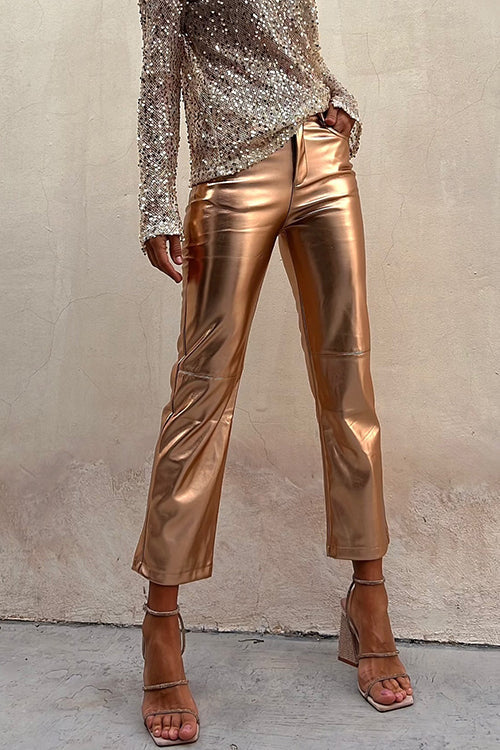 W&W Mode | Metallic Kunstleder Geradeleg Cropped Hose