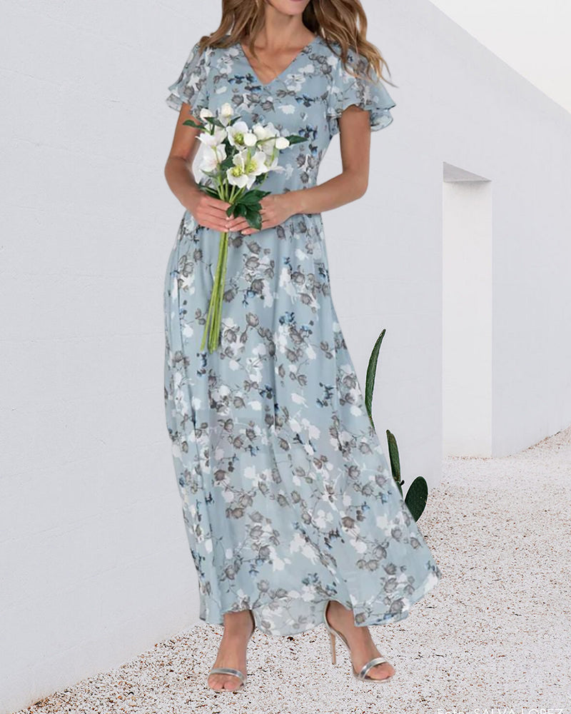 WW - Florales Maxikleid Damen | Chiffonstoff luftiges Sommerkleid | Maxikleid mit fließendem Rock