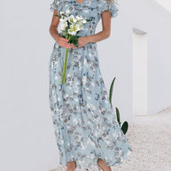 WW - Florales Maxikleid Damen | Chiffonstoff luftiges Sommerkleid | Maxikleid mit fließendem Rock