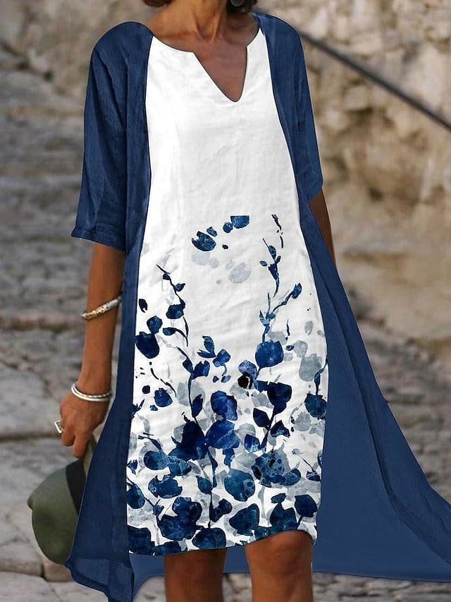 WW | Midi Zweiteiler Kleid mit Blauem Blumenmuster und Eleganten Halbärmeln
