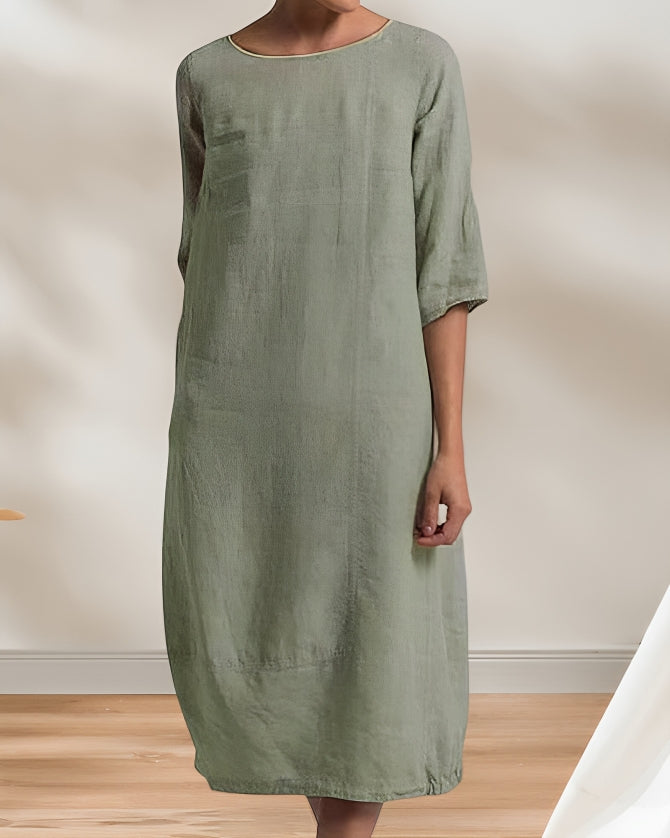 WW | Ladies Lässig Leinen Look Einfaches Midikleid