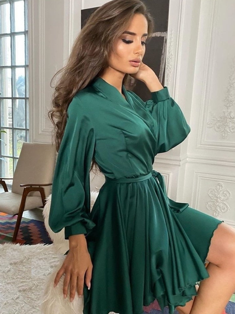 WW | Damen Mini Kleid Elegantes Wickelkleid Mit Langen Ärmeln Für Frauen