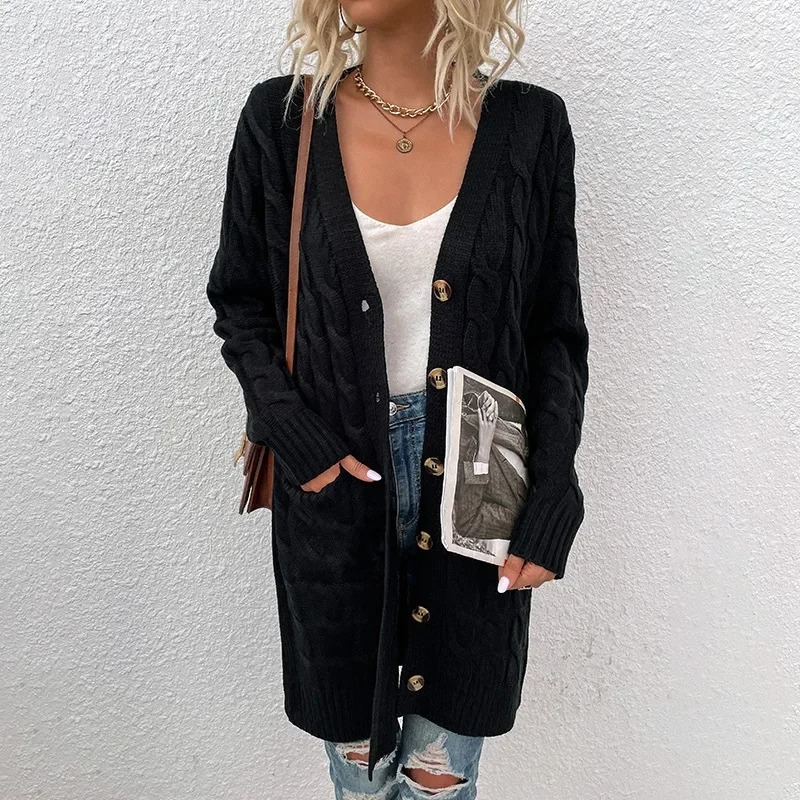 WW | Lange Strickjacken Damen Kabelstrickjacke mit Knöpfen