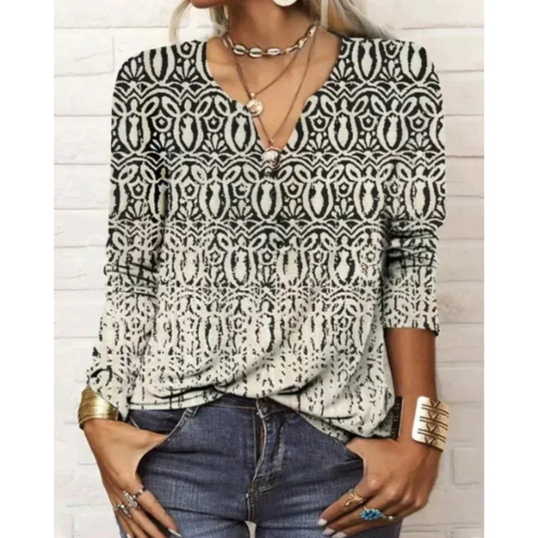 W&W Mode | Stil V-Hals-Bluse mit langen Ärmeln - Buntes Blumenmuster-Design für Damen