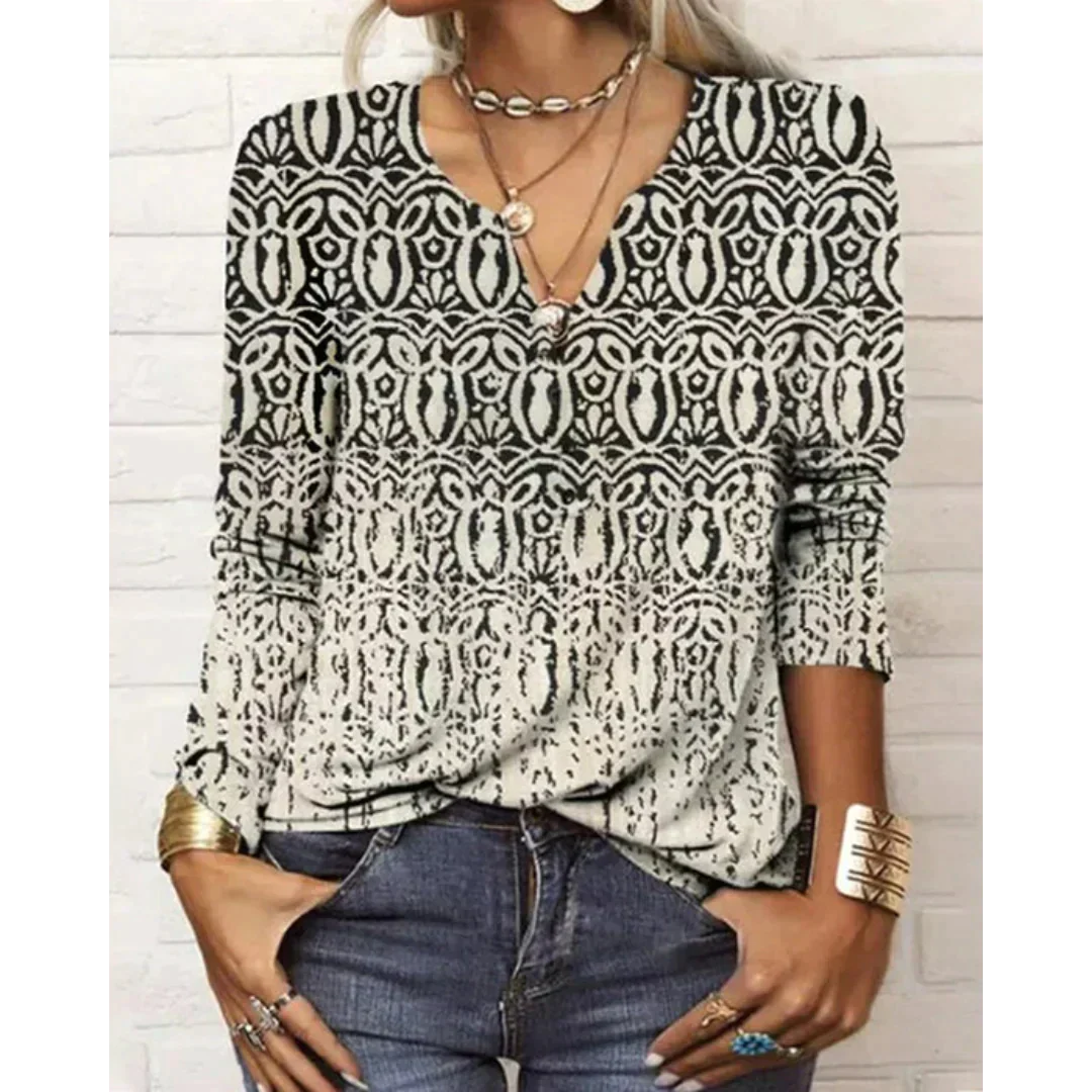 WW | Stil V-Hals-Bluse mit langen Ärmeln - Buntes Blumenmuster-Design für Damen