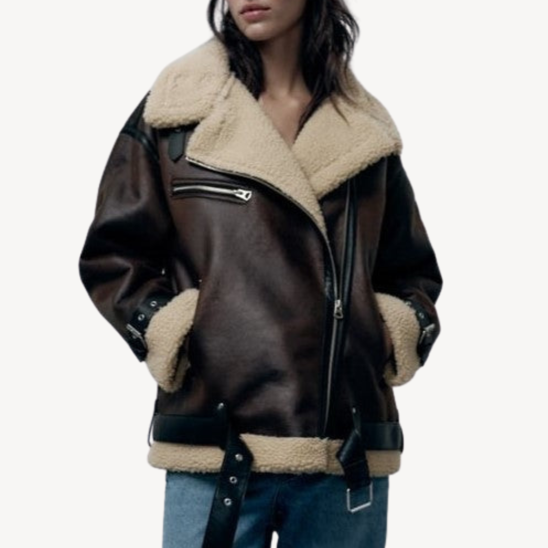 W&W Mode | Damen Faux Shearling Pilotenjacke Braun