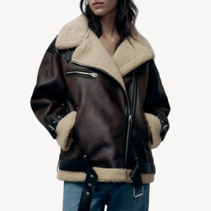 W&W Mode | Damen Faux Shearling Pilotenjacke Braun