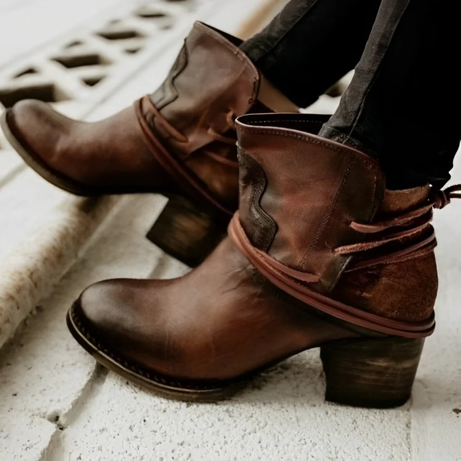 WW | Damen Western Ankle Boots mit Wickelschnürung, Gewaschenes Leder, Dicke Absätze