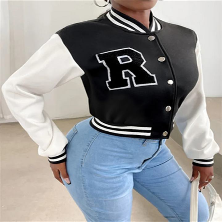 W&W Mode | Varsity Bomberjack Damen, Kurzes Modell mit Buchstabenpatch und Druckknopfverschluss