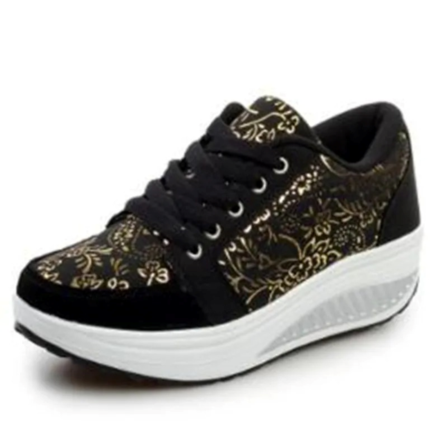 WW | Schwarze Leder Orthopädische Damen Sneakers Mit Blumenmuster