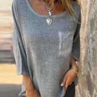 WW | Rosiedress 3/4 Ärmel mit Taschen Baumwolle Leinen Lässiges T-Shirt