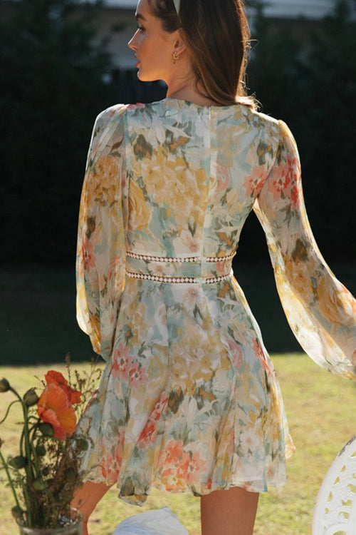 WW | Strahlend Süß Langarm Blumenmuster Mini Kleid