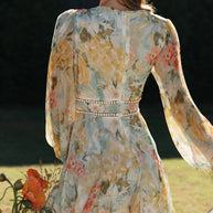 WW | Strahlend Süß Langarm Blumenmuster Mini Kleid