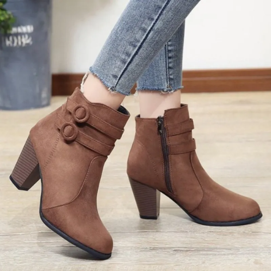 WW | Damen Wildleder Ankle Boots mit Doppelsteckverschluss, Hohem Blockabsatz, Reißverschluss
